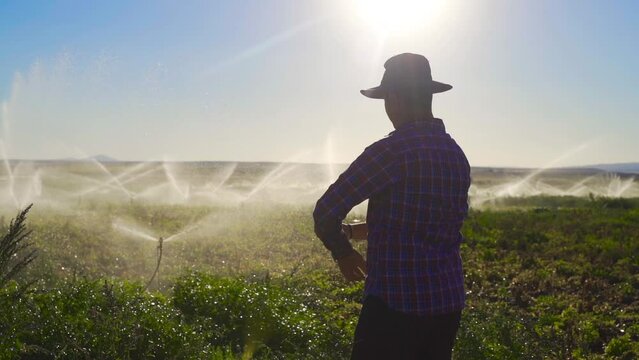 Farmer controlling agricultural irrigation system. Slow Motion.
Tired and happy farmer looking at irrigation systems in his field.
