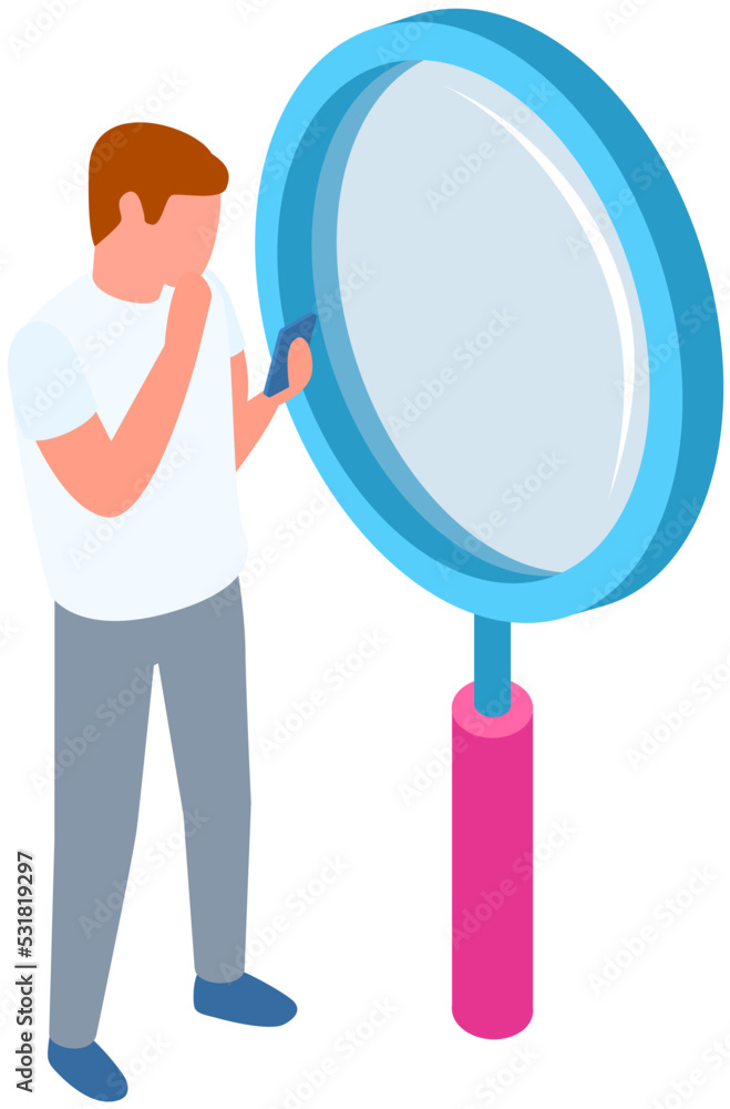 Poster male character searching for information on phone, using mobile application with magnifying glass, c