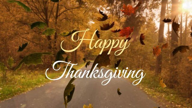 Animation of happy thanksgiving text over leaves and park