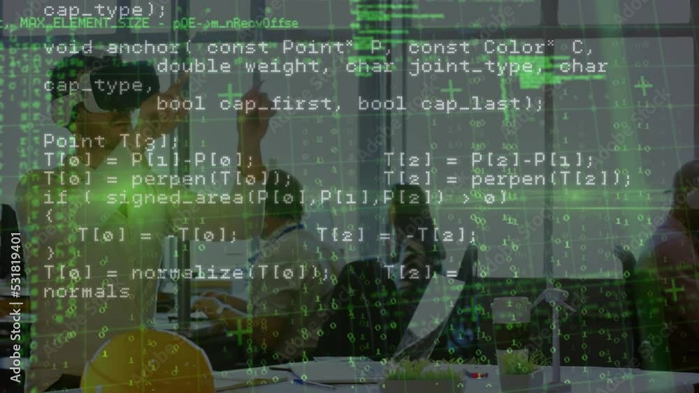 Poster animation of falling data processing over businessman using vr headset