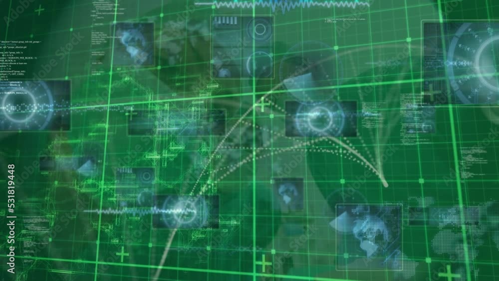 Poster animation of digital data processing over green grid