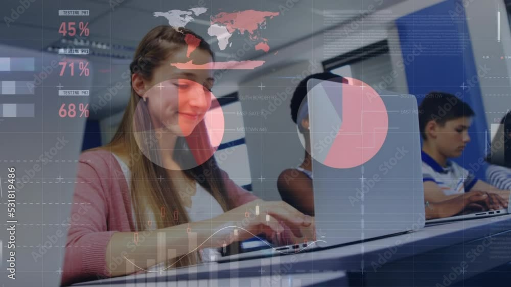 Poster animation of financial digital data processing over diverse group of pupil