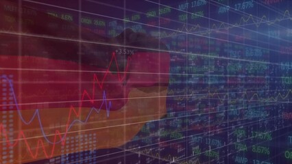 Animation of falling data processing over waving german flag - Powered by Adobe