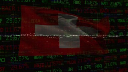 Animation of falling data processing over waving switzerland flag - Powered by Adobe