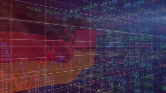 Animation of falling data processing over waving german flag - Powered by Adobe