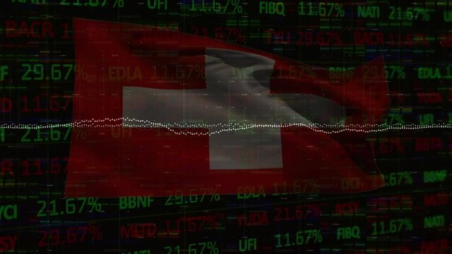 Animation of falling data processing over waving switzerland flag - Powered by Adobe