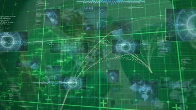 Animation of digital data processing over green grid