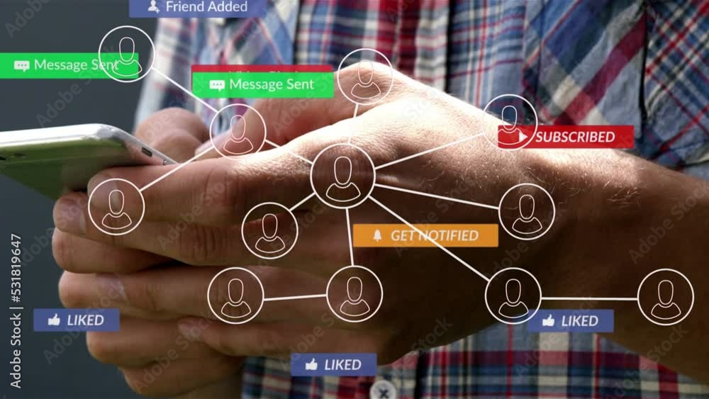 Aufkleber animation of network of connections with icons over caucasian person using smartphone