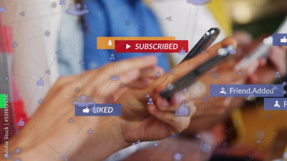 Poster animation of network of connections with icons over caucasian person using smartphone