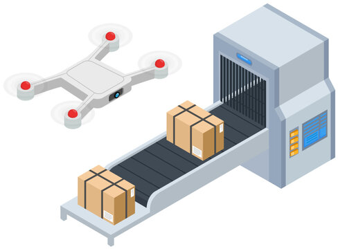 Delivery service delivers parcel using flying drone. Future technologies of online home delivery of boxes, goods to door. Helicopter, drone picks up box from conveyor belt. Smart city. Urban logistics