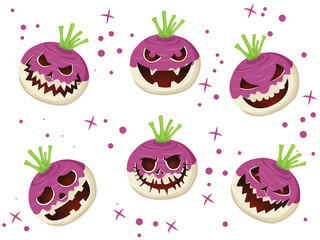 Halloween Turnips Carved Scary Face Set Collection. Concept Cartoon Halloween Day Elements. Vector Illustration For Holiday