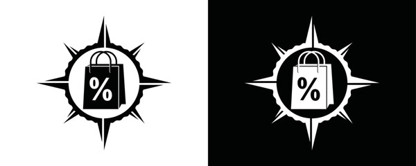 Discount shopping bag with compass symbol icon vector. Modern shop bag with compass directions silhouette design