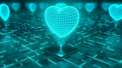 Futuristic Glowing Love Heart 3D Neon Hologram Spinning Digital Scan - 4K Seamless VJ Loop Motion Background Animation - Powered by Adobe