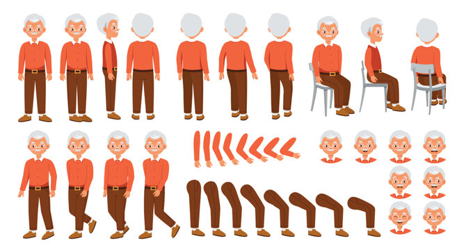 Grandpa Character Constructor For Animation. Stylish Retired Elderly Man In Red Shirt And Glasses. Set Of Elements Of Arms, Legs, Emotions. Cartoon Flat Vector Collection Isolated On White Background