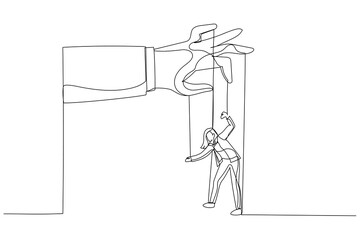 Illustration of woman as a marionette controlled. Single continuous line art style