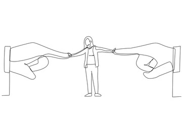 Cartoon of businesswoman resisting pressure from two pointing giant hand. One line style art