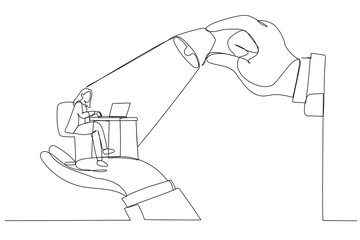 Fototapeta na wymiar Drawing of big hands holding businesswoman and lighting on the top, metaphor for control, support and coordination. Single continuous line art style