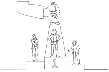 Illustration of businesswoman on podium, one among them being flash lighted by big hand from top using flashlight. Single line art style