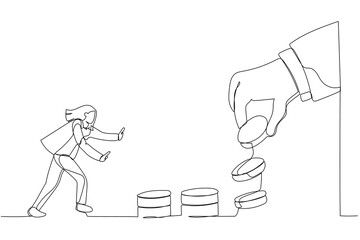 Drawing of big hand use dollar coin to entice businesswoman. Metaphor for business trap and financial. Continuous line art