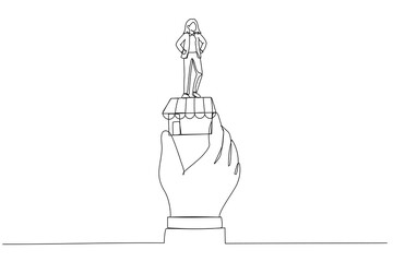 Illustration of success businesswoman holding winner flag on small store in giant hand. Metaphor for small business idea, successful entrepreneur. Single continuous line art