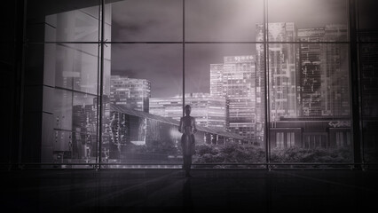 Robot in front of a panoramic window overlooking the night city, 3D render.