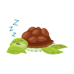 Cute happy turtle. Funny cartoon character sleeping. Flat vector illustration for animals or wildlife concept