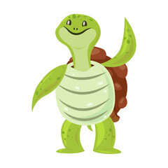 Cute happy turtle wave paw. Funny cartoon character dancing, sleeping, eating, enjoying leisure. Flat vector illustration for animals or wildlife