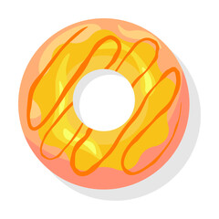 Top view of orange glaze donuts flat item. Cartoon glazed doughnuts with pink, blue, green icing isolated vector illustration. Desserts and sweet snack