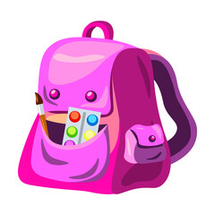 Primary schoolbag. Childish school backpacks with supplies in open pockets, colorful bright bags and rucksacks. Vector illustration