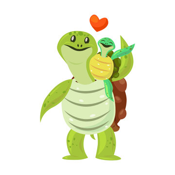 Cute happy turtle with a baby. Funny cartoon character dancing, sleeping, eating, enjoying leisure. Flat vector illustration for animals or wildlife concept