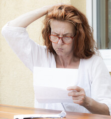 A woman with glasses reads a letter and is horrified.