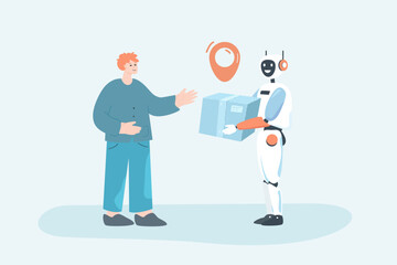 Robot delivering parcel flat vector illustration. Transportation, innovation, delivery, artificial intelligence concept for banner, website design or landing web page