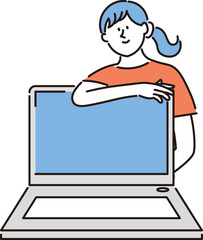 ノートパソコンとポーズをとるアジア人女性のイラスト素材