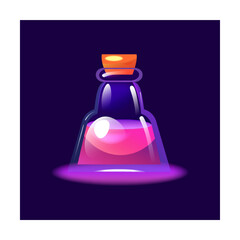 Bottle of magic potion. Cartoon jars with love elixir, glass chemical vials with corks on dark purple background. Vector illustration