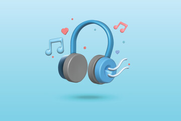 Listening music concept on blue background. Headphones music note icon 3d vector illustration design.