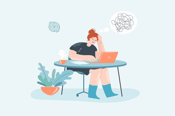 Employee having psychological problems flat vector illustration. Depressed woman sitting at table and working. Healthcare, mental health concept for banner, website design or landing web page