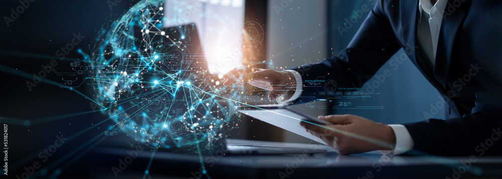Poster businessman touching virtual global business on internet network connection, digital technology busi