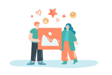 Girl and boy holding image symbol flat vector illustration. Social media, friendship, photography, content, cyberspace concept for banner, website design or landing web page