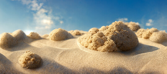 Fototapeta na wymiar Beautiful close up view of sand dessert with blue sky landscape background. 3D illustration