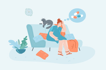 Girl sitting on sofa, having headache flat vector illustration. Woman feeling unwell, thinking about pills or medication. Healthcare concept for banner, website design or landing web page