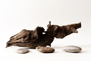 Stone product display podium with old log background