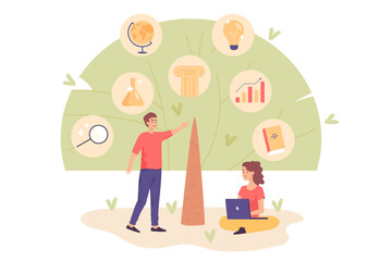 Volunteer helping female student doing research on laptop. Academic skills training, learning symbols on tree flat vector illustration. Education, pedagogy, community concept for banner, landing page