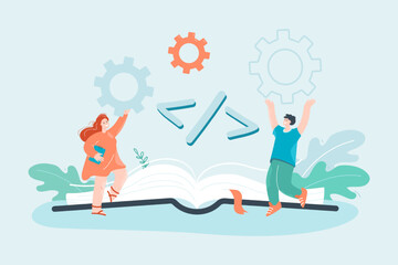 Coding symbol and happy programmers flat vector illustration. Open book and greater than less sign symbol. Education, technology, occupation concept for banner, website design or landing web page