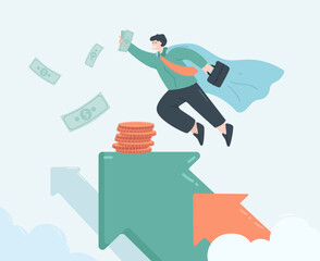 Employee in superhero robe with money flat vector illustration. Successful man flying, achieving financial goals. Finance, wealth, development concept for banner, website design or landing web page