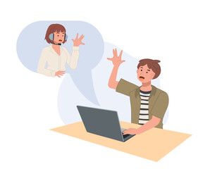  A man using via video call app in laptop. Online Video call conversation or chat. communication technology concpet. Vector illustration