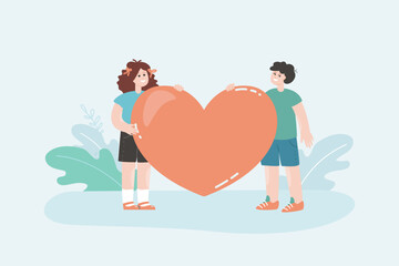 Girl and boy holding huge heart flat vector illustration. Little cartoon characters falling in love. Romance, care, valentine concept for banner, website design or landing web page
