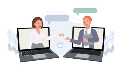 businesspeople talk through laptop screens. Online communication and business meeting concept. Vector illustrations.