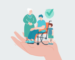 Elderly woman, man with disability and kid in caring hand. Protection of vulnerable people flat vector illustration. Care, help, assistance concept for banner, website design or landing web page - obrazy, fototapety, plakaty
