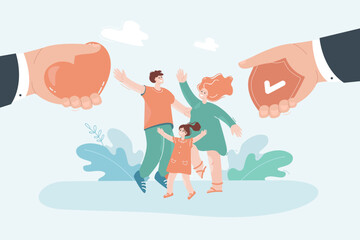 Huge hand giving heart and shield to family. Family protection flat vector illustration. Life insurance, assistance, healthcare concept for banner, website design or landing web page