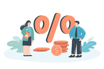 Tiny workers watching percentage of profits fall. Flat vector illustration. Huge arrow pointing down, employees sitting on coins, preventing losses. Financial crisis, reduction, decrease concept